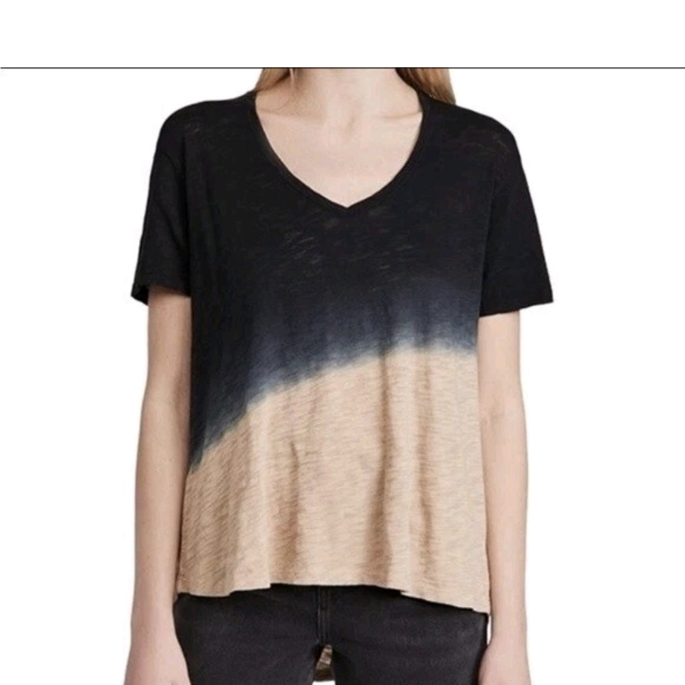 ATM‎ Women's Shirt Top Dip Dye Slub Jersey Boyfriend V-Neck Tee Tan Medium Large